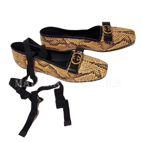 GUCCI SHOES PYTHON BALLET FLATS w LOGO BOW RIBBON ANKLE TIES $1,059 sz 39.5 9.5 - Picture 7 of 16